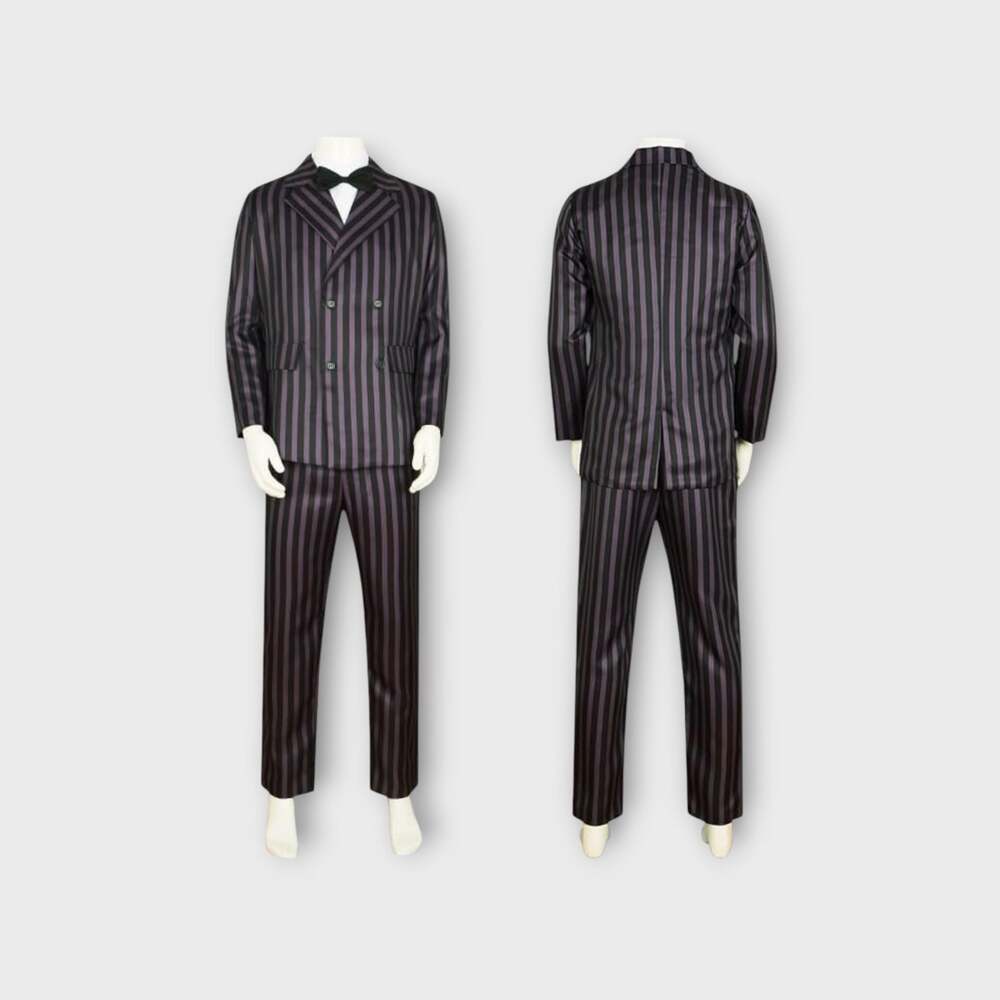 Gomez Addams Cosplay Costume Set with Blazer, Pants, Shirt, Bowtie, and Wig